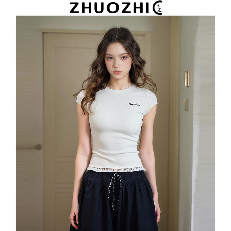 卓芝法式拼接蕾丝花边短袖T恤女图片
