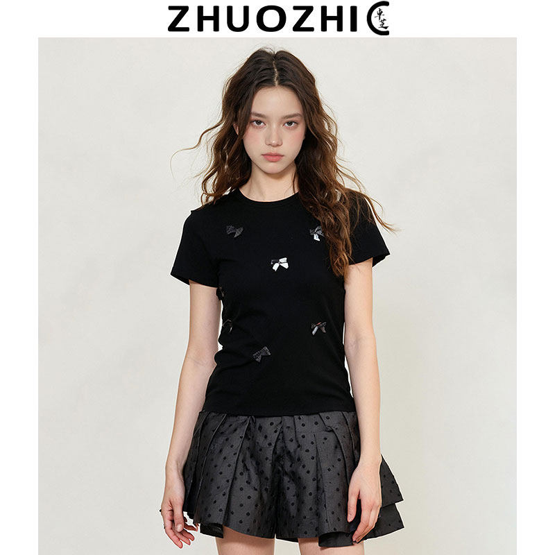【卓芝】法式设计感蝴蝶结短袖T恤女2025夏季新款修身显瘦上衣女