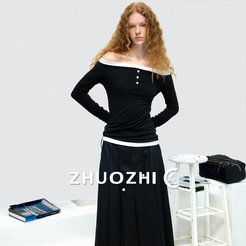 【卓芝】法式纽扣拼色一字领露肩T恤女2026春季新款小众设计上衣,女装/女士精品,T恤,淘宝优惠券,粉丝福利购,淘宝优惠卷