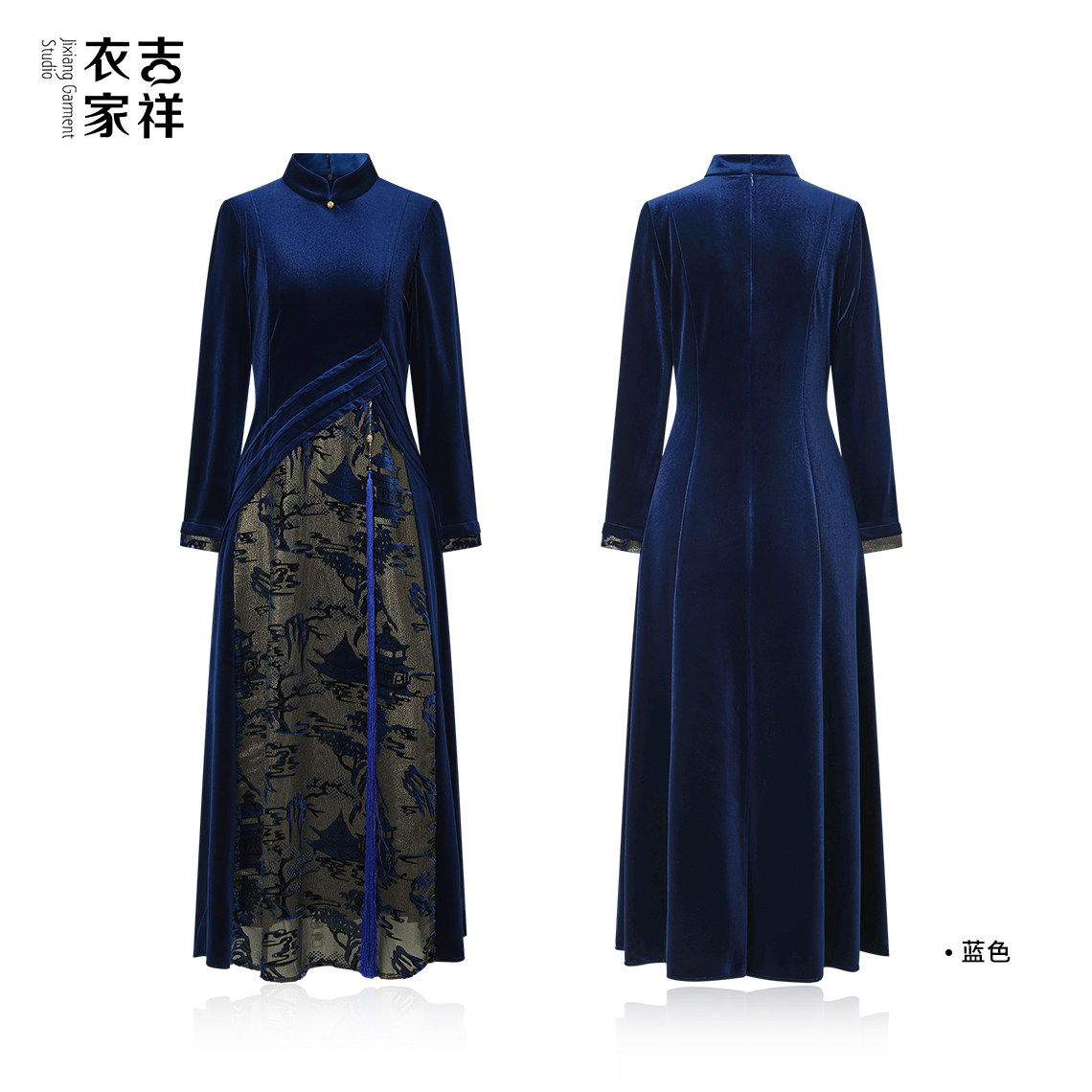 吉祥衣家新中式国风鹤影斜连衣裙图片
