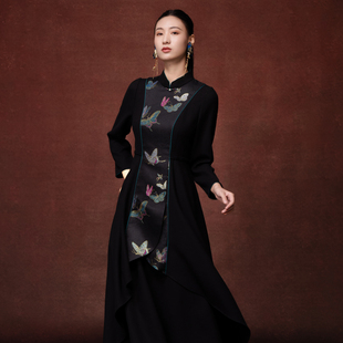 吉祥衣家新中式国风新款宋锦羊毛高定女装长裙长袖连衣裙春秋款