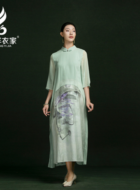 吉祥衣家中式高端国风女装夏装新款桑蚕丝透气收腰显瘦绿色连衣裙