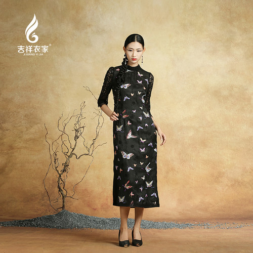 吉祥衣家新中式百蝶图连衣裙