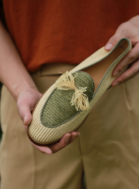 夏季ins风舒适透气乐福鞋夏季编织拉菲草一脚蹬男士鞋乐福休闲鞋