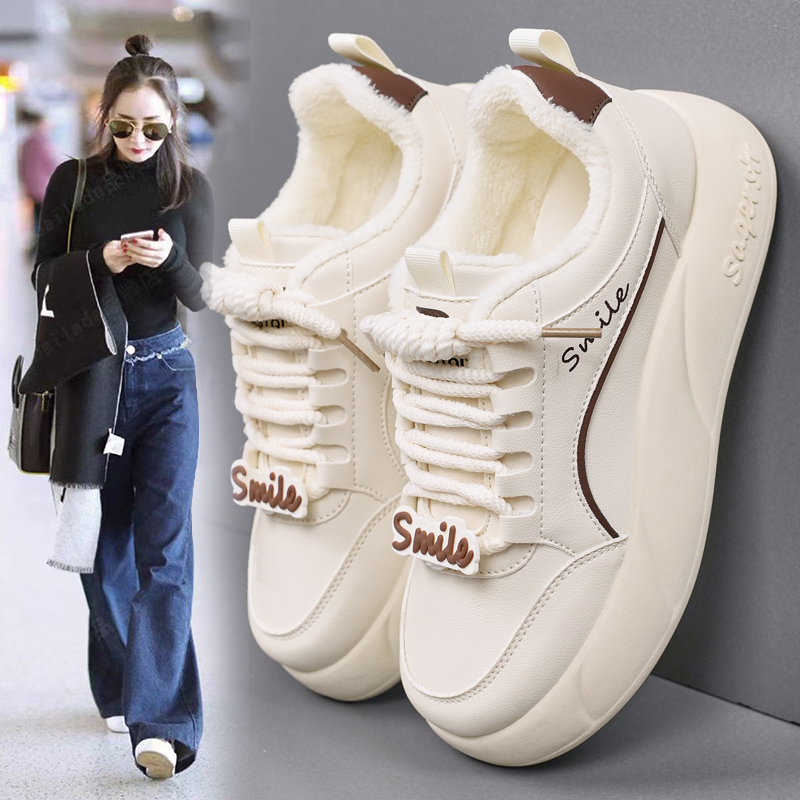 白鹿同款真皮厚底加绒面包鞋女