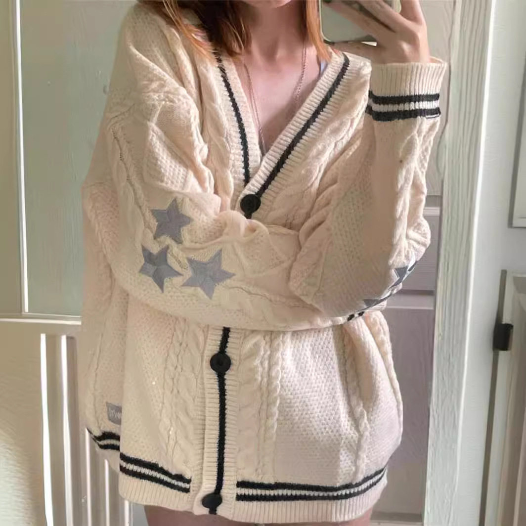 women clothes秋冬纯色长袖开衫女气质通勤欧美蝙蝠翼针织米白色