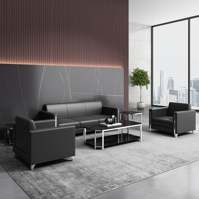 。办公室沙发现代简约接待会客双人真皮办公沙发三人位茶几组合套