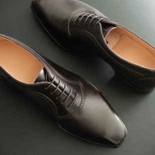 雅生AXEN手工固特异皮鞋头层Zonta勃艮地红手缝沿条琴底牛津鞋