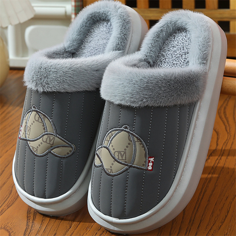 棉拖鞋男士秋冬季大码毛绒拖鞋居家用厚底防滑皮面防水棉拖女软底