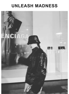 Unleash Madness 皮质渔夫帽休闲黑色水桶帽秋冬皮帽子显脸小盆帽