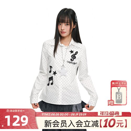 404MOB美式复古波点音符刺绣翻领衬衫女纯棉收腰辣妹风长袖上衣女