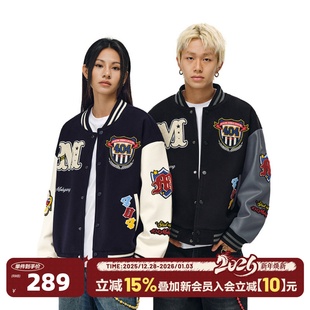 404MOB美式 潮PU皮拼接宽松夹克上衣 复古重工刺绣棒球服外套男女款