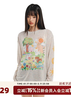 404MOB春夏2026直喷手绘涂鸦罩衫上衣复古彩色打底薄透气长袖T恤