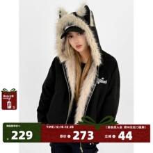 404MOB秋冬新品加厚棉服开衫连帽棉衣男女同款毛领猫耳座山雕外套