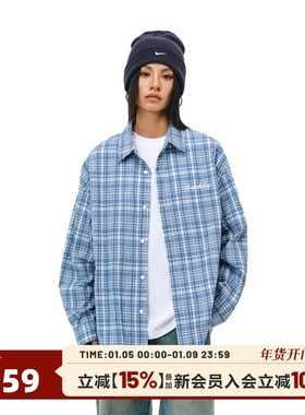 404MOB蓝色纹理复古格子衬衫男女同款简约宽松百搭潮流情侣春秋