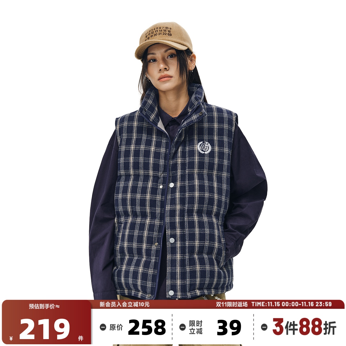 404MOB美式格纹无袖马甲棉服宽松秋冬新款男女复古叠穿外套上衣潮