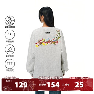 T恤男女美式 404MOB花卉刺绣长袖 宽松防晒圆领打底衫 章若楠同款