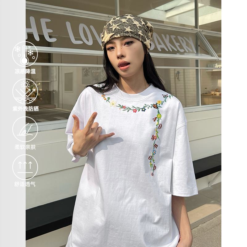 404MOB花卉项链刺绣t恤男重磅短袖女宽松潮牌街头美式上衣情侣夏
