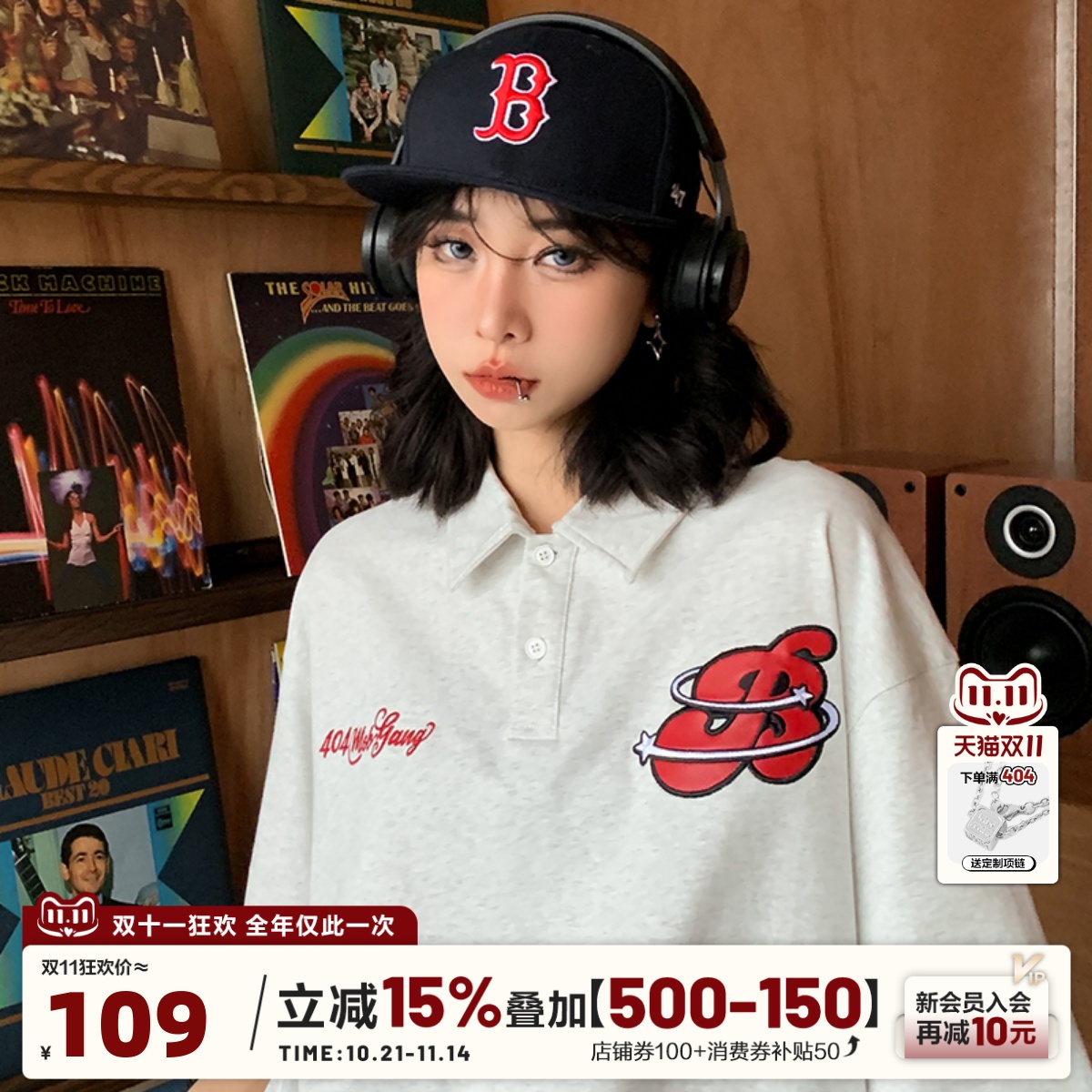 404MOB美式复古刺绣情侣POLOT恤