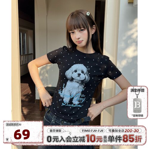 404MOB美式满印波点印花小狗短袖T恤女款显瘦弹力短款辣妹上衣夏