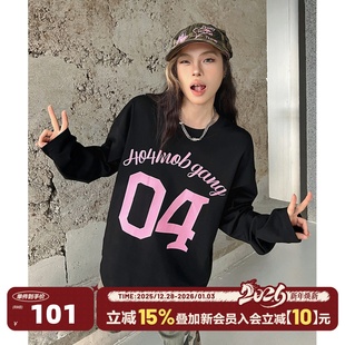 404MOB运动风数字印花长袖 重磅圆领套头宽松休闲上衣春 T恤男美式