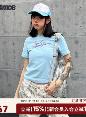 404MOB夏季短款圆领花体字母LOGO印花潮牌女士修身上衣短袖T恤