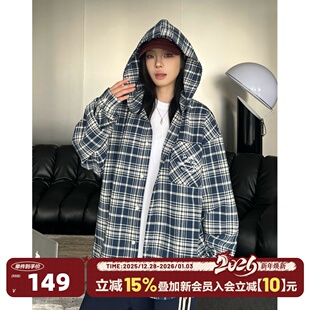 衬衫 404MOB复古格纹刺绣连帽长袖 蓝色格子宽松外套女 林子烨同款