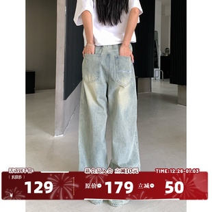 宽松休闲百搭长裤 404MOB潮流复古刺绣多色水洗做旧直筒牛仔裤 男士