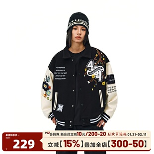 404MOB花卉字母刺绣翻领棒球服外套男女2025秋冬潮牌加厚飞行夹克