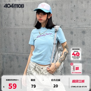 404MOB夏季 圓領花體字母LOGO印花潮牌女士修身 上衣短袖 T恤 短款