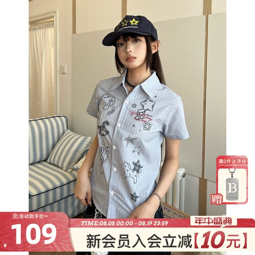 404MOB星星小马格纹数码印轻亚女款短袖衬衫2026夏显瘦甜妹潮流t