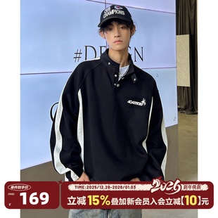 404MOB秋季 上衣 国潮运动拼接刺绣立领polo卫衣男情侣百搭复古长袖