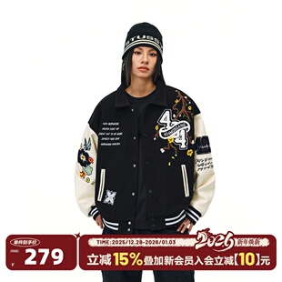 404MOB花卉字母刺绣翻领棒球服外套男女2025秋冬潮牌加厚飞行夹克