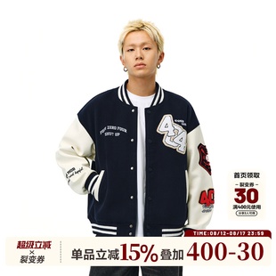 复古刺绣棒球服男女款 404MOB美式 重磅PU皮拼接撞色情侣夹克外套秋