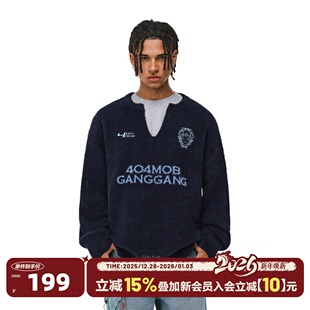 情侣 复古加绒加厚针织衫 404MOB仿貂毛运动徽章V领毛衣男冬季 美式