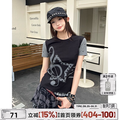 404MOB百搭甜美音符印花短袖T恤女夏季拼接显瘦辣妹Y2K轻亚风上衣