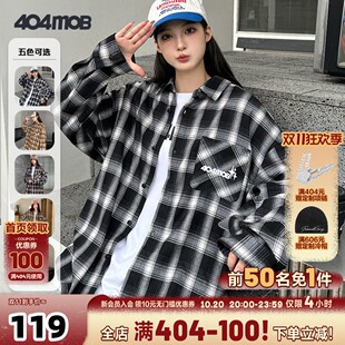 高街潮流情侣休闲百搭外套 男美式 404MOB复古刺绣黑白格子长袖 衬衫