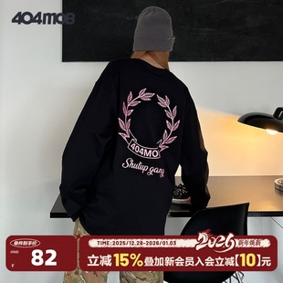 404MOB重磅男美式 t恤 复古潮牌印花嘻哈休闲百搭上衣春秋圆领长袖