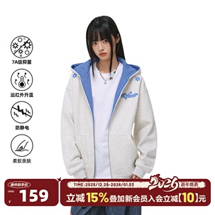 404MOB格纹撞色加绒加厚连帽卫衣男女秋冬季 外套miu上衣 情侣开衫