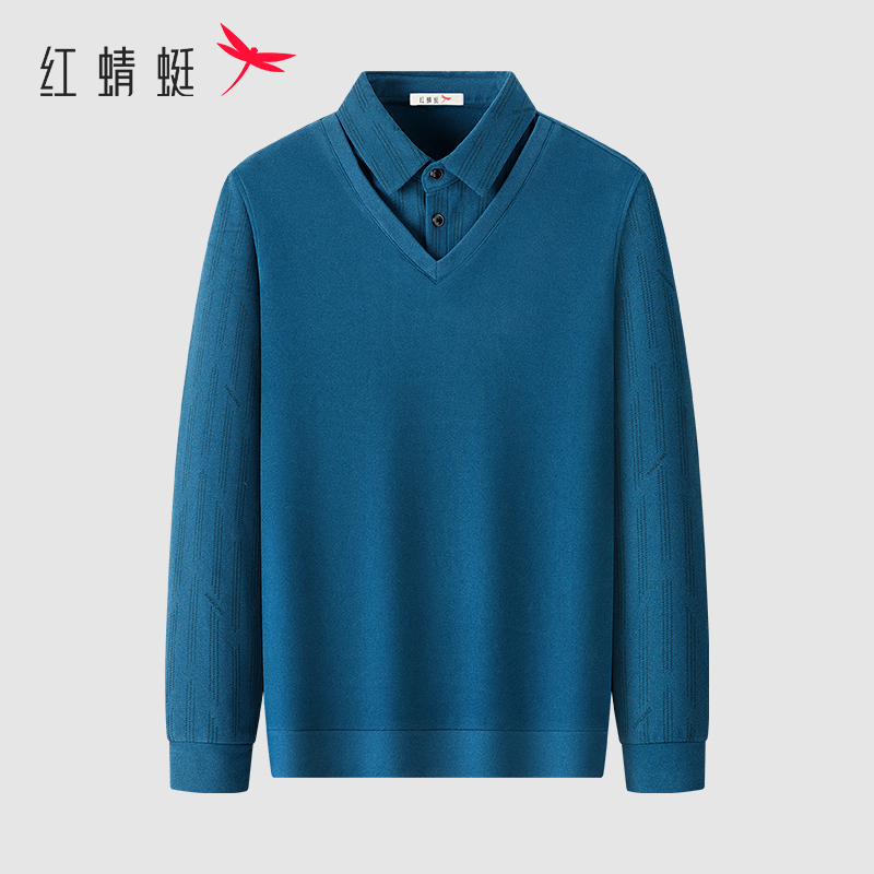 红蜻蜓男士假两件毛衣加绒加厚冬季新款休闲保暖爸爸装针织打底衫