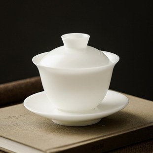 素烧冰种羊脂玉瓷三才w盖碗高端白瓷手抓泡茶碗功夫茶具