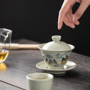 高档宝石黄色汝窑盖碗三才茶x碗千里江山手绘功夫茶具家用手工单