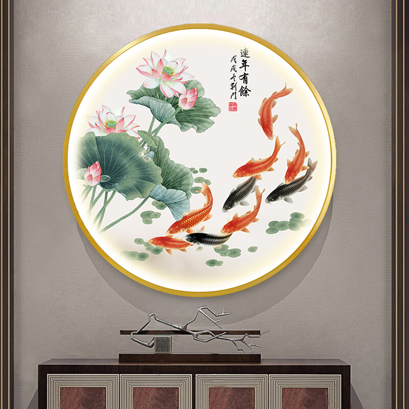 轻奢客厅装饰画九鱼图餐厅挂画圆形玄关走廊过道寓意好壁画灯光画图片