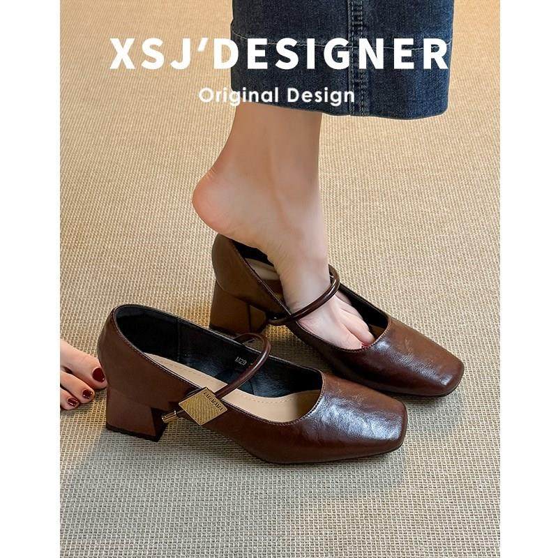 真皮法式复古玛丽珍鞋女软羊皮方头粗跟单鞋浅口气质通勤中高跟鞋,女鞋,玛丽珍鞋,淘宝优惠券,粉丝福利购,淘宝优惠卷