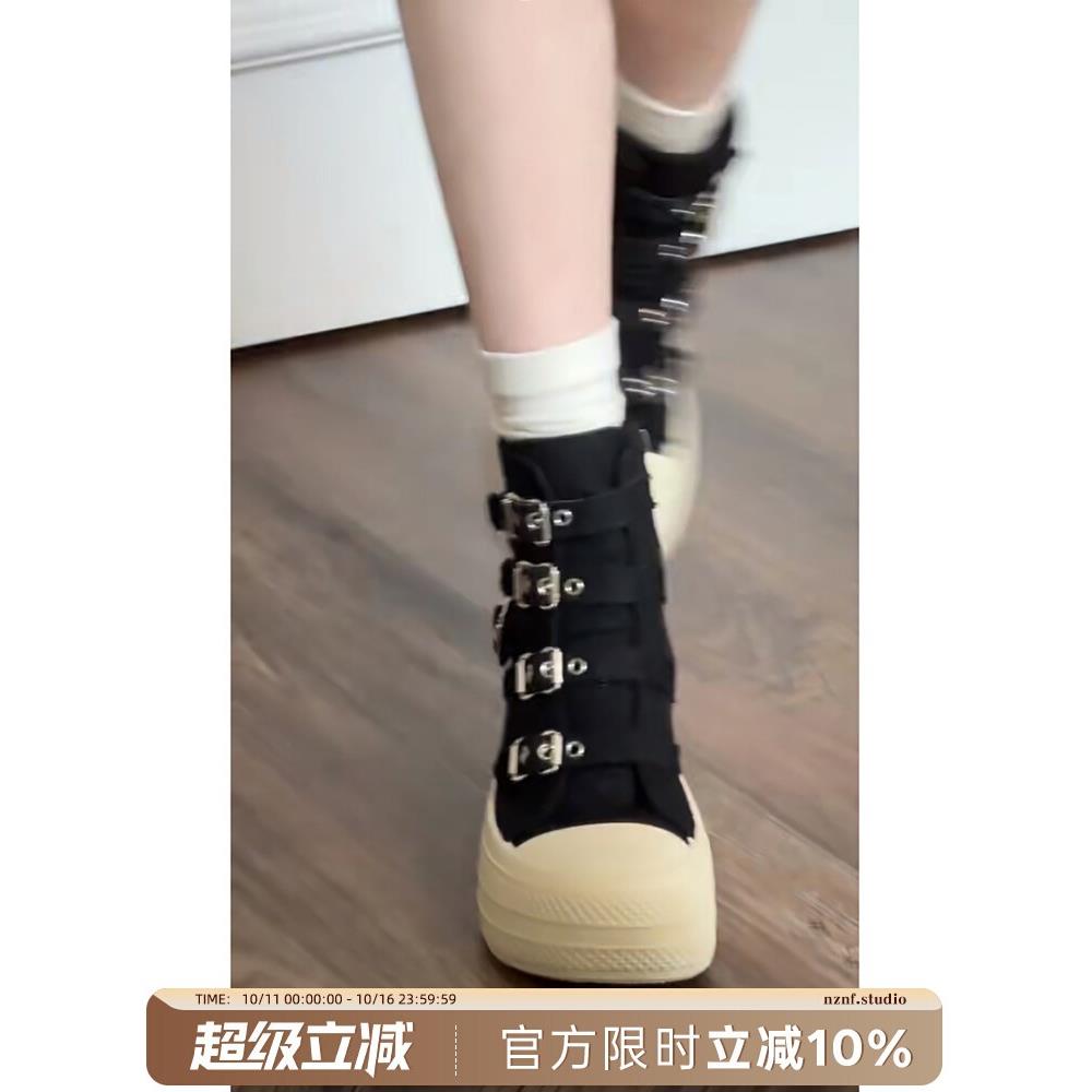 黑色复古高级感厚底高帮帆布鞋女款2025新款秋季爆款百搭休闲板鞋