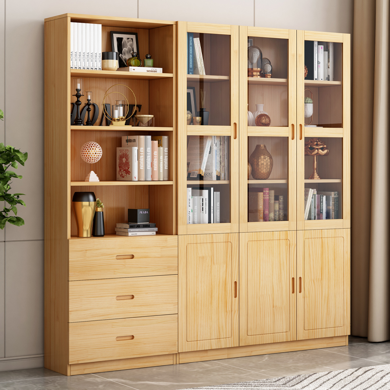 实木书柜一体到顶落地书架置物架带玻璃门储物柜家用整墙组合书橱