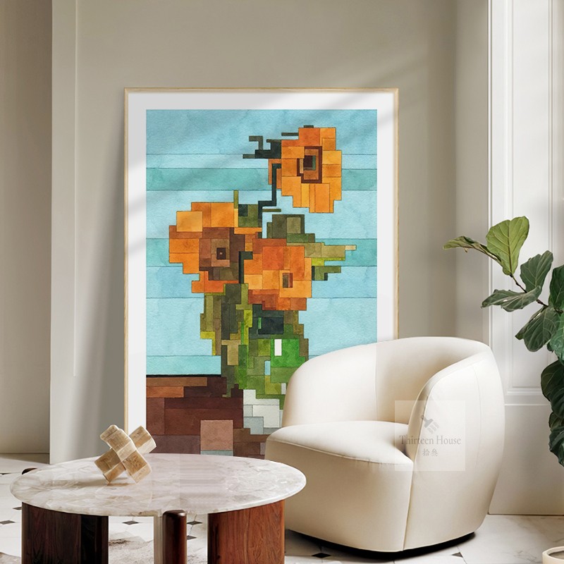 梵高名画水彩像素风玄关装饰画 星空向日葵沙发高级挂画客厅壁画