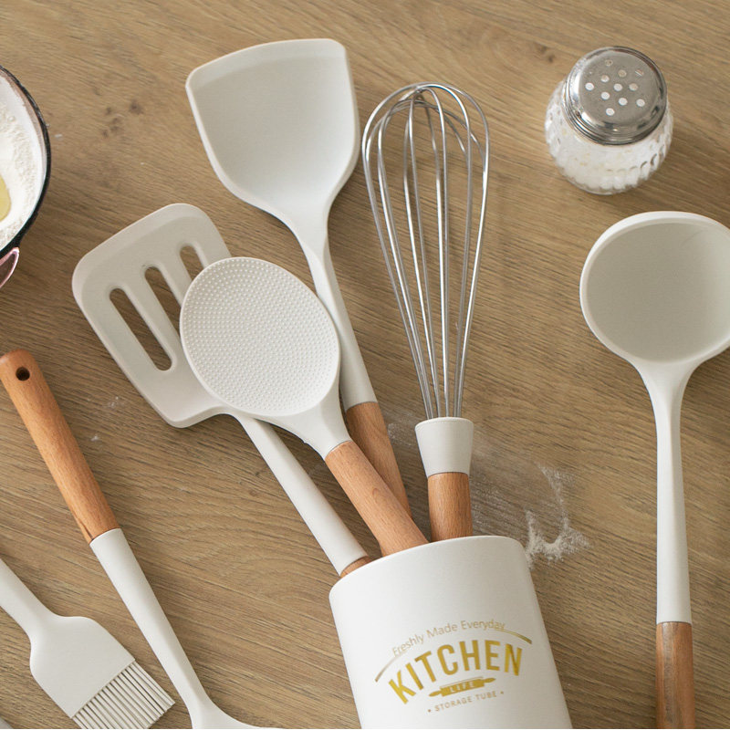 硅胶榉木把手厨房用具 套装 白色不粘锅铲 大汤勺 漏勺打蛋器