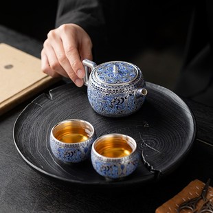 办公家用 郑丽卿手作金银福龙高照鎏银壶一壶两杯功夫茶具小套装