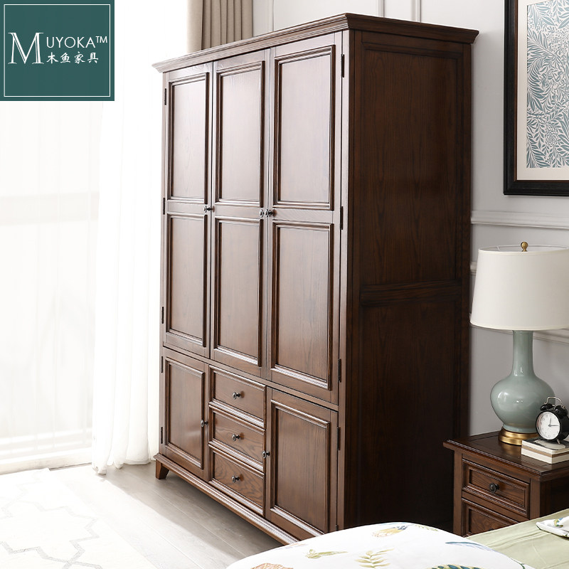 白蜡木 美式 实木衣柜卧室3门衣橱黑胡桃卧室三门衣柜大容量